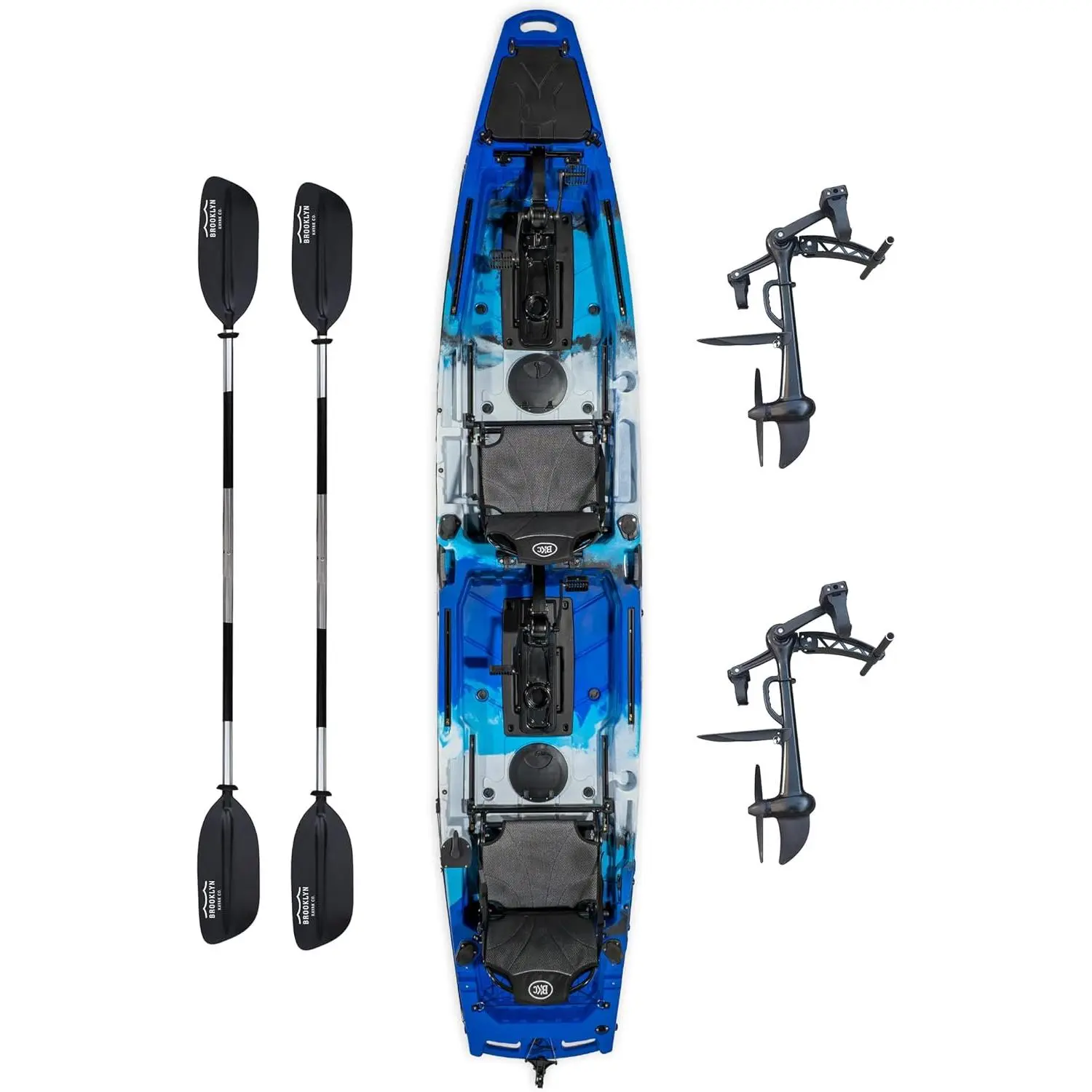 Upgraded Brooklyn 14.0 Tandem Pedal Kayak with Propeller Drive by BKC, 2-Person Sit-On-Top Fishing Kayak, Hand Rudder, Rod Holders, Large Storage, Stable 14ft Hull (Blue Typhoon)