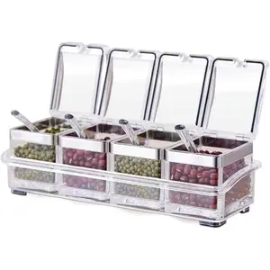 Gourmet Acrylic Seasoning Box - Premium Quality Pure Acrylic Container and Case- 18/8 Stainless Steel Ring - 4 Serving Spoons -Luxurious Condiment Cruet Bottle, Spice Jar Set Kitchen Storage