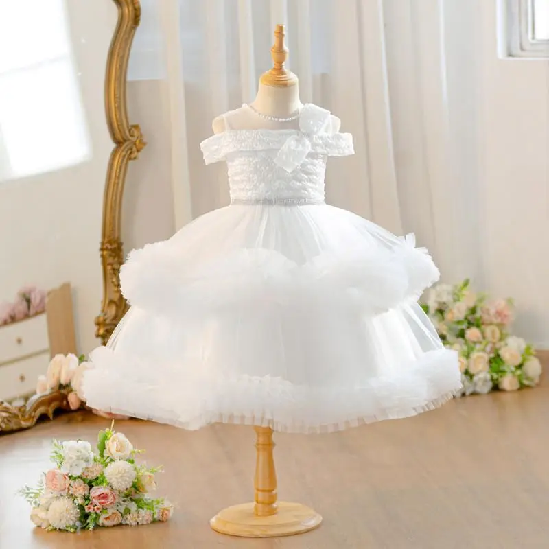 Flower Girls Party Dress Off Shoulder Tulle Feather Kids Princess Outfit Birthday Wedding