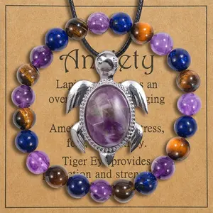 2Pcs Of Retro Amethyst Turtle Stone Necklace and Bracelet Set- Fashionable Jewelry Set Gift for Friends, Daily Wear, and Special Occasions