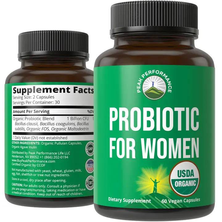 USDA Organic Probiotics for Women. 4-in-1 Womens Probiotic Capsules | With Bacillus Coagulans, Bacillus Subtilis, and Organic FOS Fiber for Female Bloating, Digestive, and Gut Support