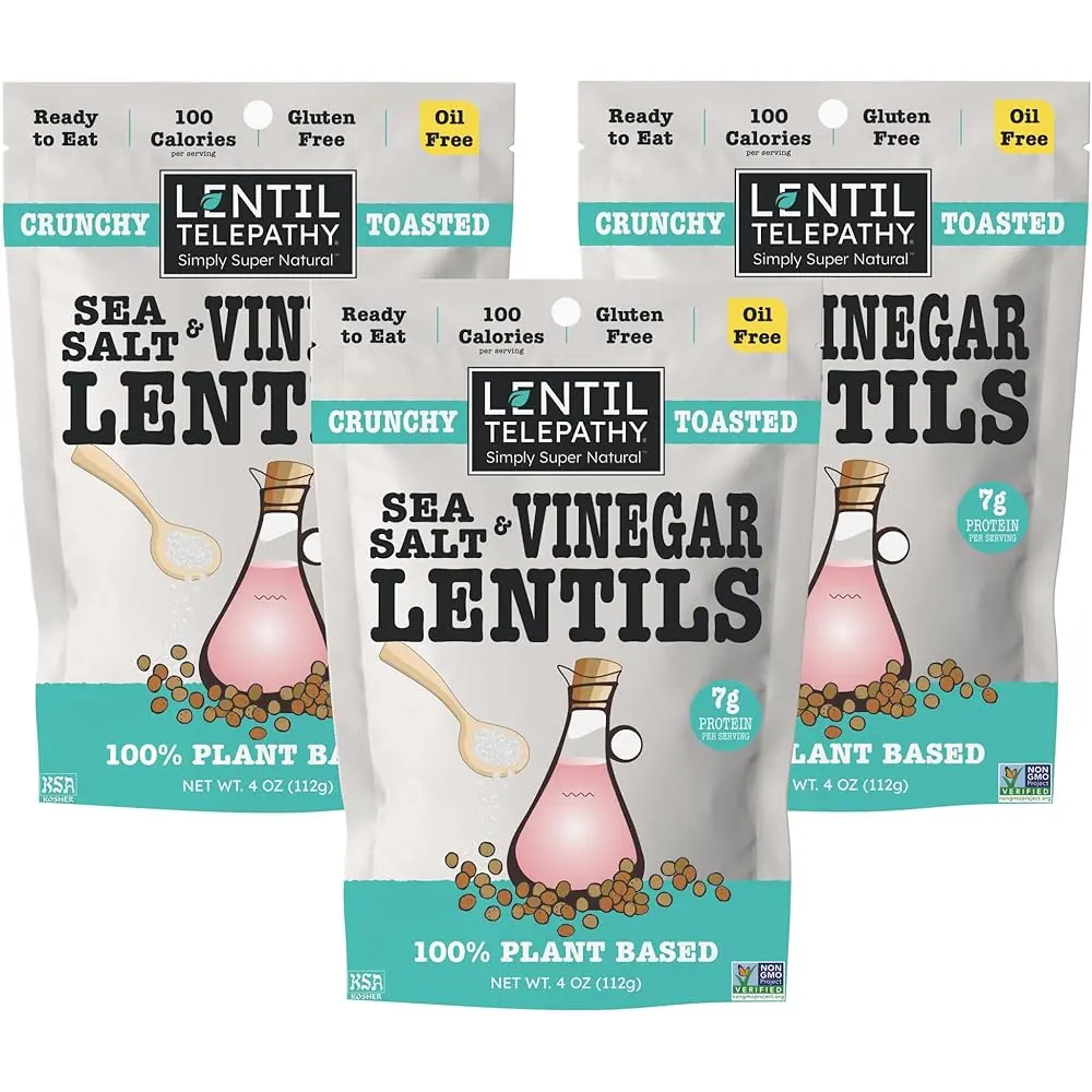Lentil Telepathy Salt & Vinegar Snacks - 4 Oz, 3 Pack, 100% Plant-Based Gluten Free, Ready to Eat, Non-GMO
