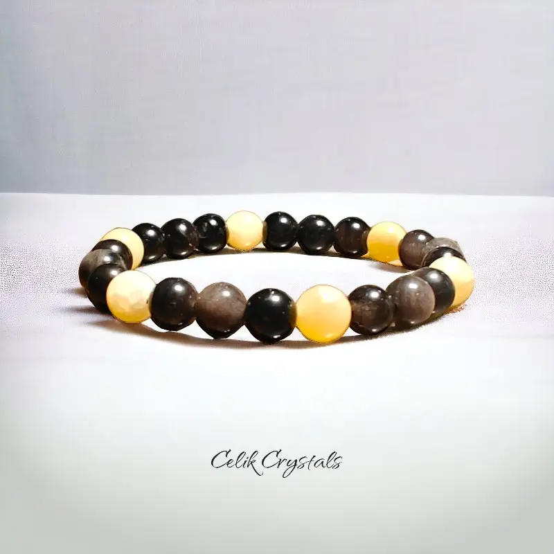 Unisex 8mm Natural Crystal Bracelets & Anklets - 6.5-8.5 Inch Stretch Bracelet with Silver Obsidian, Honey Calcite for Energy Protection Healing