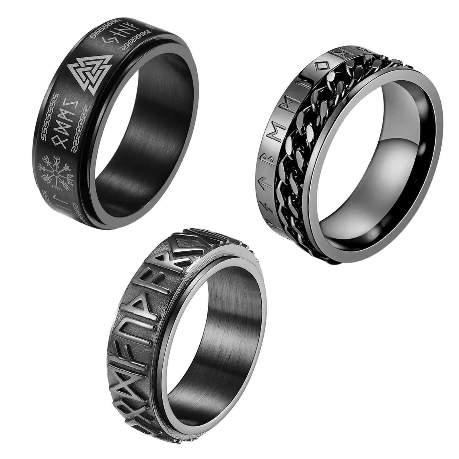 OIDEA Men's 3PCS Viking Spinner Ring Set - Stainless Steel Anti-Rust Metal Fashion Finger Rings, Black Norse Rune Cuban Chain Anxiety Fidget Rotating Bands, Punk Biker Jewelry Statement Chunky Gift, Metal Ring