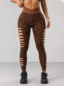 Fashion Leopard Print Tight Fit Ripped Bottoms High Waist Elastic Breathable Tummy Control Butt Lift Sportswear Women's Yoga Pants Leopard Print Leggings