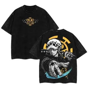 Trafalgar Law 1 Piece T-Shirt, Unisex Vintage Washed Oversized Anime Pirate Graphic Short-Sleeve Crewneck Top, Men's Streetwear Merch Outfit for Outdoor Fun