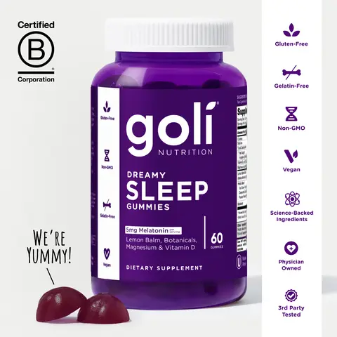 Goli Dreamy Sleep Gummy - Melatonin, Vitamin D, Magnesium, Lemon Balm Extract, Gelatin-Free, Gluten-Free, Vegan & Non-GMO