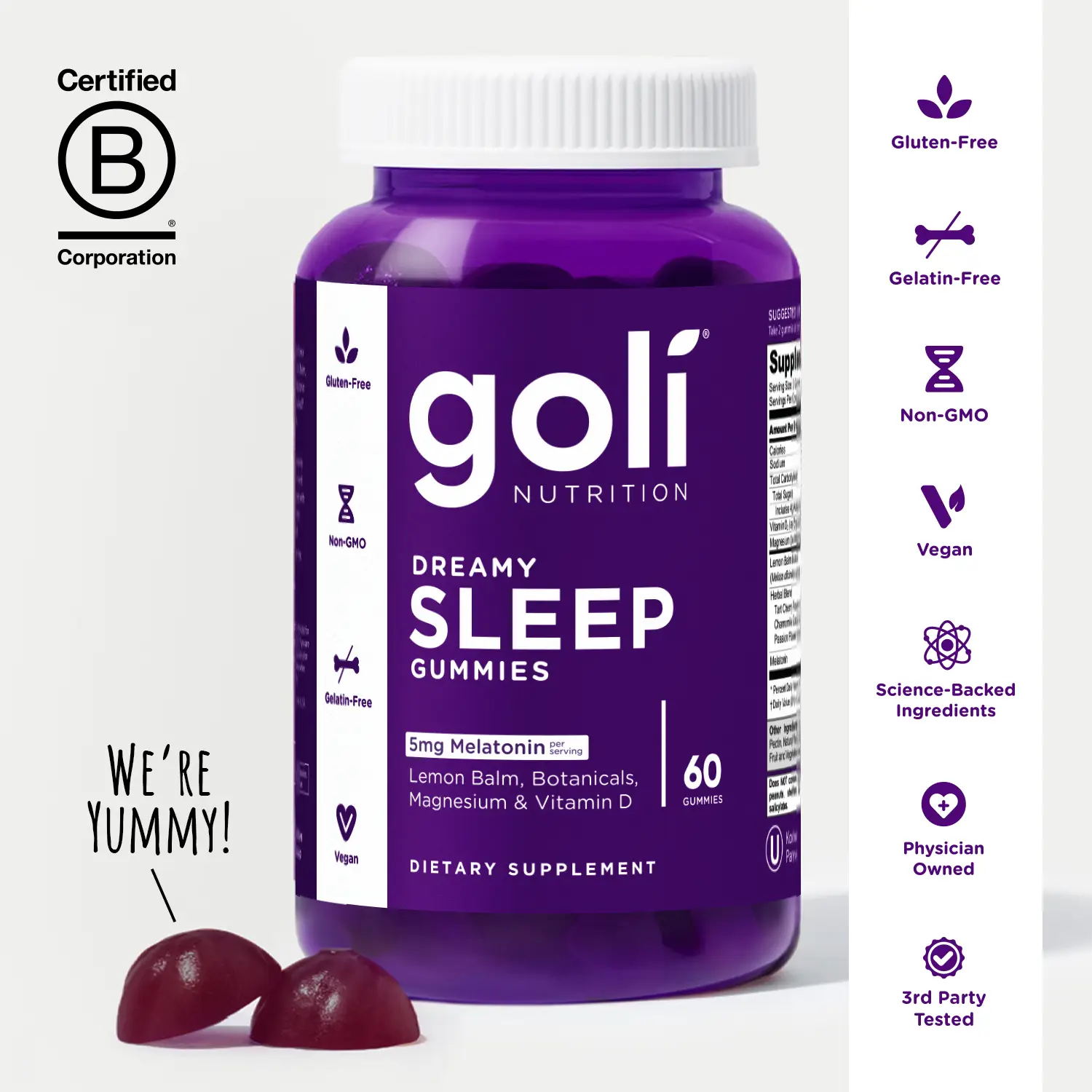 Goli Dreamy Sleep Gummy - Melatonin, Vitamin D, Magnesium, Lemon Balm Extract, Gelatin-Free, Gluten-Free, Vegan & Non-GMO