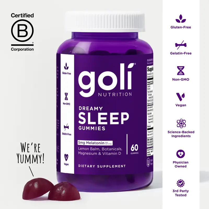 Goli Dreamy Sleep Gummy - Melatonin, Vitamin D, Magnesium, Lemon Balm Extract, Gelatin-Free, Gluten-Free, Vegan & Non-GMO