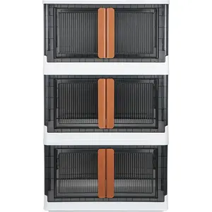 Stackable Storage Bins with Wheels - (3-Pack) - Stackable Storage Drawers - (8.4-Gal) - Collapsible storage bins with lids - Multifunctional Foldable storage boxes with doors