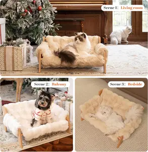 Elevated Wooden Cat Sofa Bed with Removable Washable Cover, Off-White