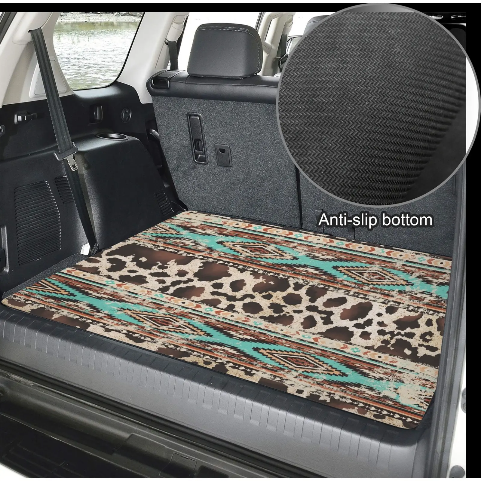 GEPRINT Western Turquoise Aztec Cow Print Car Trunk Mat - Rubber Non-Woven Fabric Composite Automotive Mat, Car Accessory, Stain-Resistant, Anti-Slip, Durable, Easy-Clean, Washable Liner for Pet Trips, Family Road Trips, Automotive Mats