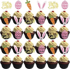 Happy Easter Cupcake Toppers, 24 Pcs Easter Bunny Cupcake Toppers Happy Easter Cupcake Toppers, Easter Cupcake Decorations Bunny Ornaments Multicolor