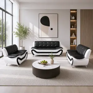 Modern Black White Sofa Set, Breathable Leather Couch Set for Living Room, Minimalist Sofa Loveseat Chair Furniture for Apartment Bedroom Office