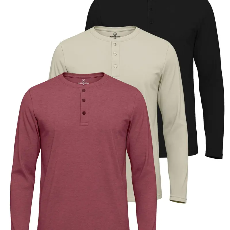 3 Pack Men's Cotton Long Sleeve Henley T Shirts Casual Work Gym Workout Tee