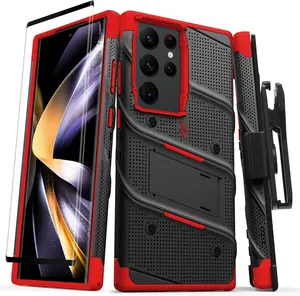 Zizo Bolt Bundle for Galaxy S23 Ultra Holster Case with Screen Protector, Kickstand & Lanyard - Black/Red