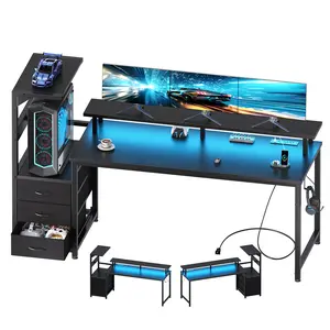 DUMOS L Shaped Gaming Desk with Shelves Storage Drawers 59'', White Computer Desks with LED Lights Power Outlets, Office Wood Table with PC Stand Cable Management for Bedroom Dual Monitor Streaming, Drawers Desks, Monitor Riser Desks