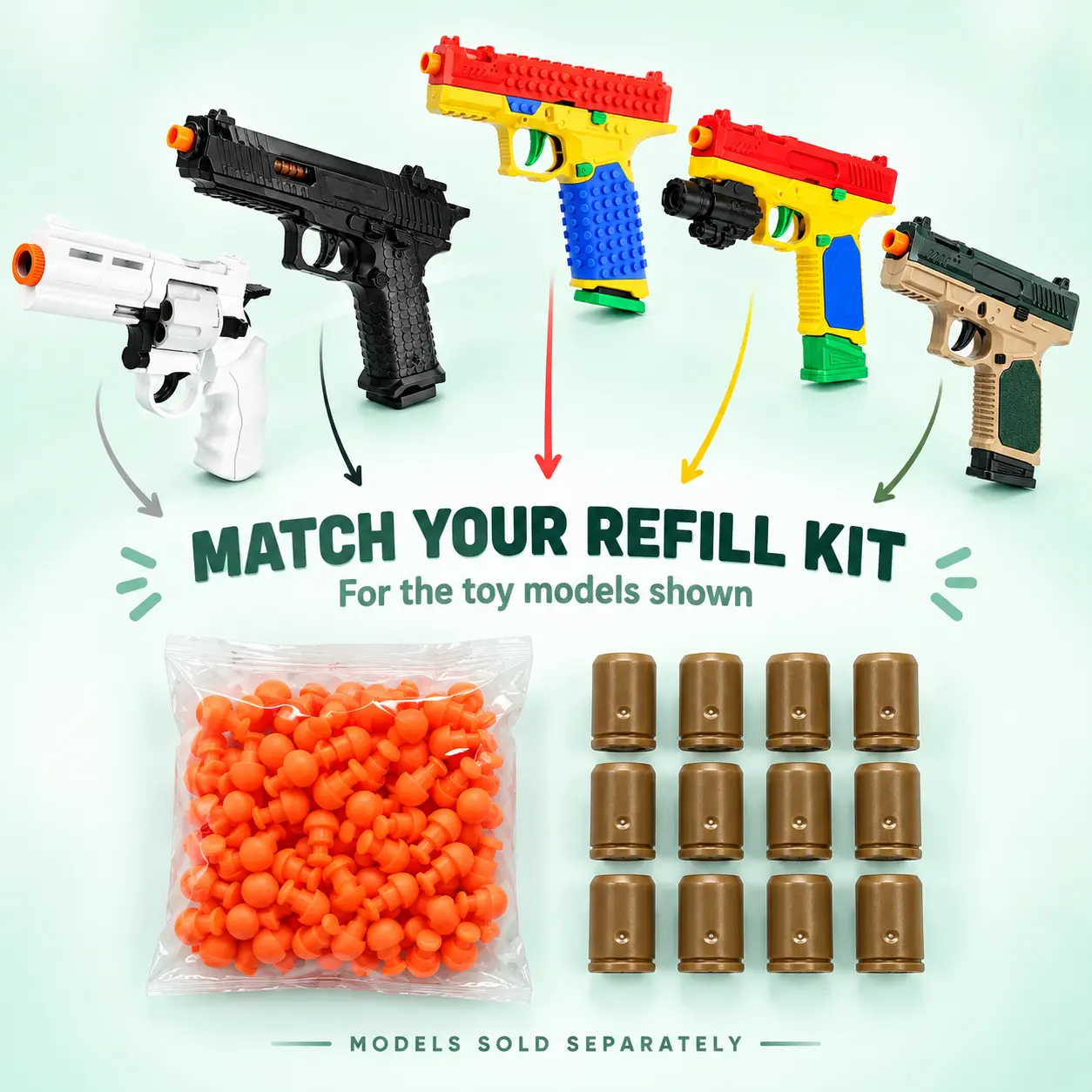 Toy Refill Accessory Set with 100 Orange Rounded-Tip Pieces and 12 Brown Reusable Shells