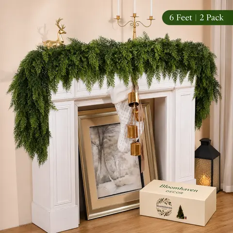 6 FT 2 Pcs Artificial Cedar Garlands, Real Touch Winter Cedar Garland, Green Artificial Greenery Pine Garland for Table, Mantle, Wall, Indoor, Outdoor Christmas Decorations