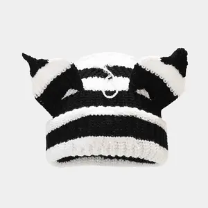Double Layer Cute Pig Cat Ear Knitted Hat Fashion Versatile Multi-Color Patchwork Warm Wool Hat