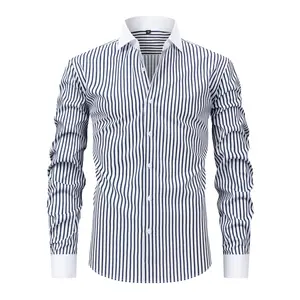 Men's Classic Polyester Striped Dress Shirt - 4-Way Stretch, Wrinkle-Free, Smooth Fabric, Long Sleeves, Hemmed, Office-Casual Menswear Business Top