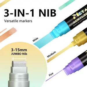 3-IN-1 NIB Versatile markers 3-15mmJUMBO Nib 12-color acrylic marker pens, large-sized markers, Art marker pen, high-capacity ultra-durable metallic color pens with quick-drying effects, high coverage, and layering function