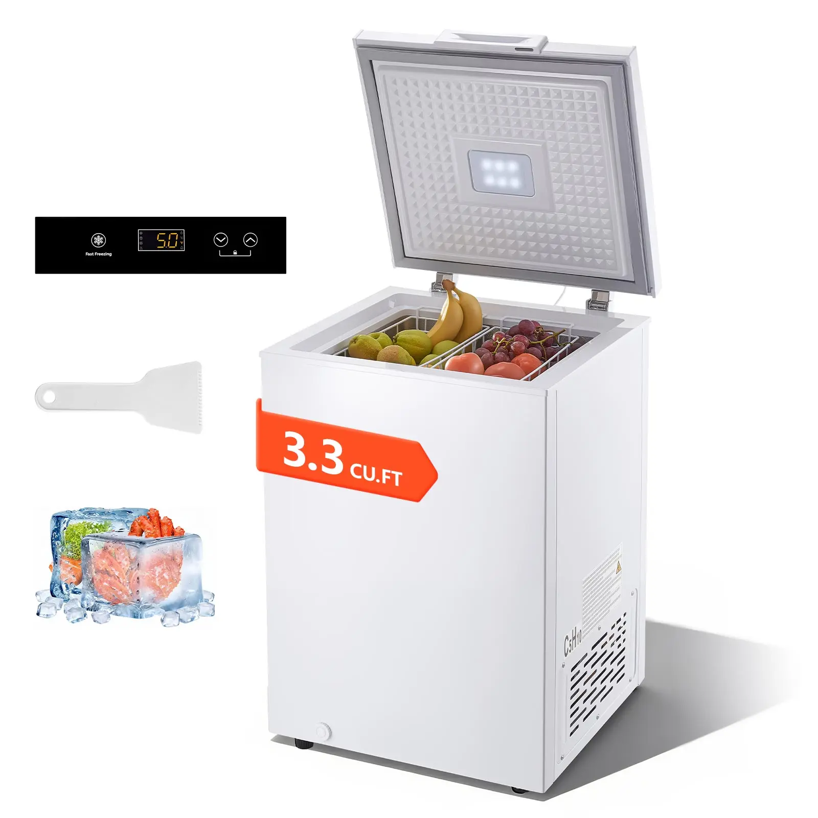 VEVOR Chest Freezer, 3.3 Cu.ft Compact Deep Freezer, Free Standing Top Open Door Chest Freezers with 2 Removable Baskets & Adjustable Thermostat - Energy Saving, Low Noise & Garage Ready, White