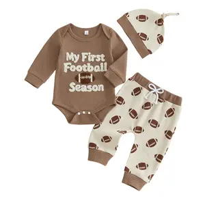 Canrulo Newborn Boy First Football Season Letter & Rugby Embroidery Long Sleeve Romper +Elastic Waist Matching Pants + Hat 3Pcs Fall Football Outfits