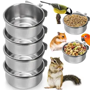 4 Pack Bird Feeding Dish Cups, Detachable Stainless Steel Bird Food Bowls with Clamp, Bird Cage Feeder Hanging Pet Bowl for Chinchilla Parrot Cockatiel Conure Budgies Parakeet Small Anima