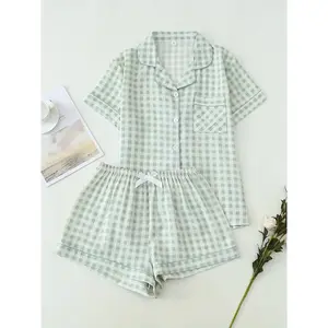 Women's Gingham Print Crop Shirt & Shorts Pyjama, Casual Comfy Short Sleeve Collared Top & Shorts PJ Set, Ladies Sleepwear for Summer Gingham Pajama