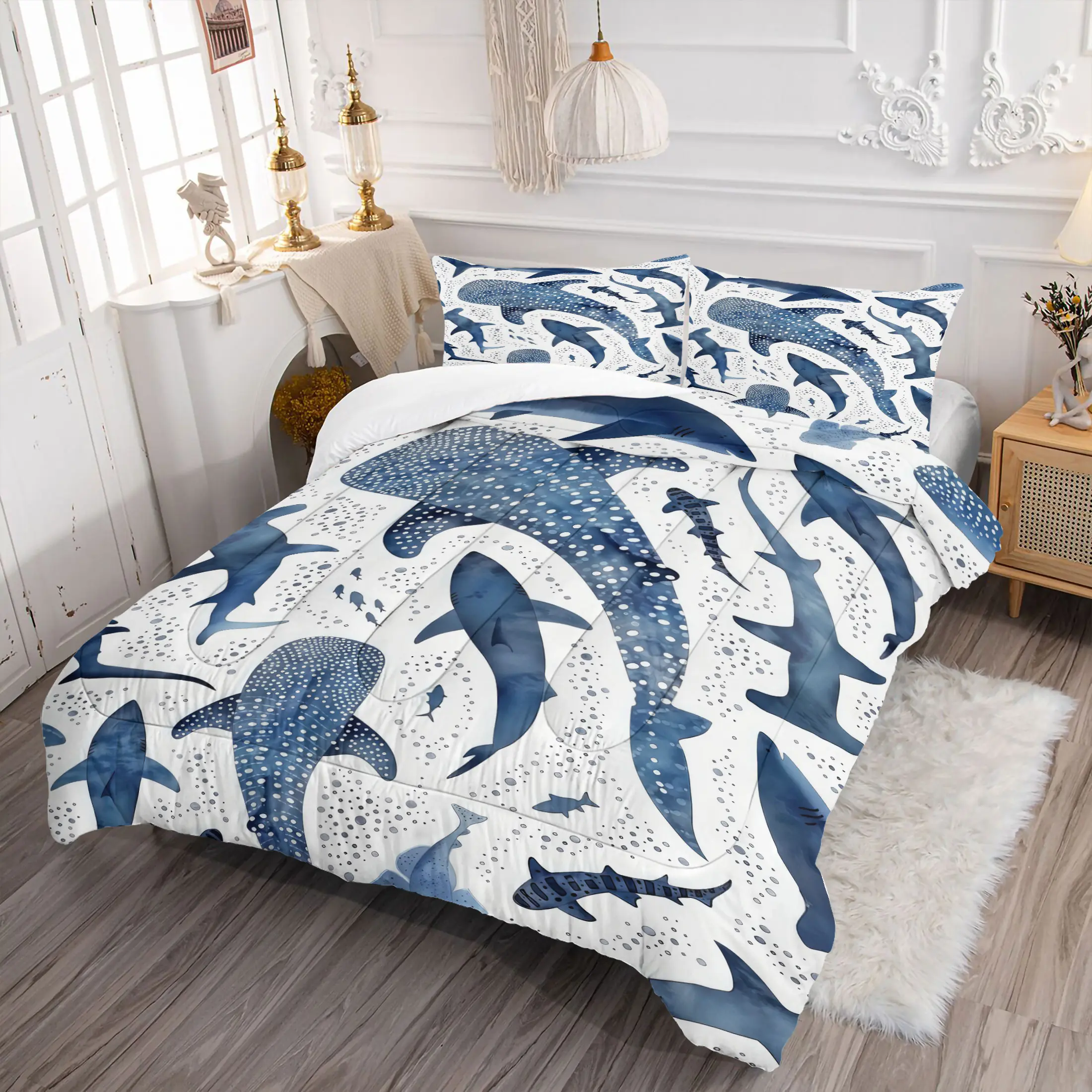 2/3Pcs Ocean-Themed Comforter Set, Vibrant Blue Sharks and Whale Sharks Digital Print Bedding Set, Bed Sets, Soft and Cozy for Beach Lovers, Perfect for Bedroom Decor All Year Round, Decorative Bedding Set, Printed Bedding Set, Pillowcase No Filler