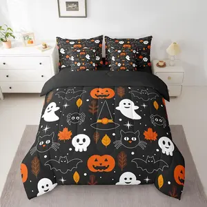 Bats Halloween Decoration Comforter Set,7 Piece Bed in a Bag,Ghost Spider Bedding Sets,Gothic Black Cat Witch Hat Pumpkin Sheet Set