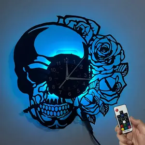 Skull & Flower LED Vinyl Wall Clock Silent Operation Ideal Home Bedroom Office Decor Perfect Gift for Birthdays Easter Christmas (Battery Not Included)