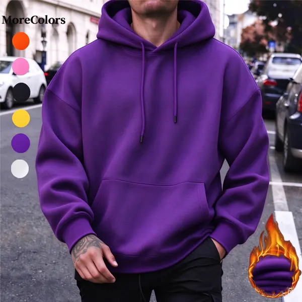 Men's Loose-Fit Long-Sleeve Fleece Pullover Hoodie - Unisex Solid-Color Top with Drawstring, Kangaroo Pocket,sohochic