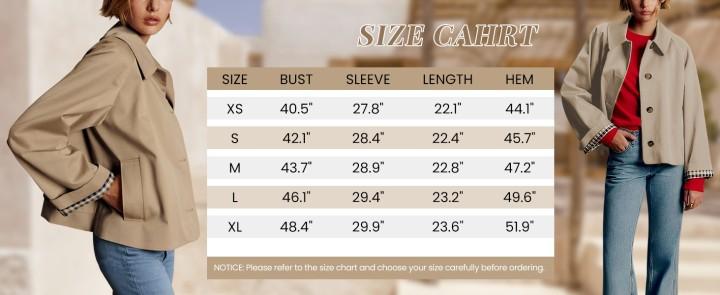 UANEO Womens Cropped Trench Coat Classic Collar Oversized Casual Jackets with Checkered Lining