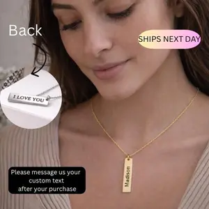 Custom Name Bar Necklace • Personalized Vertical Necklace • Engraved Name Necklace • Custom Text Front & Back • Minimalist Gift for Her