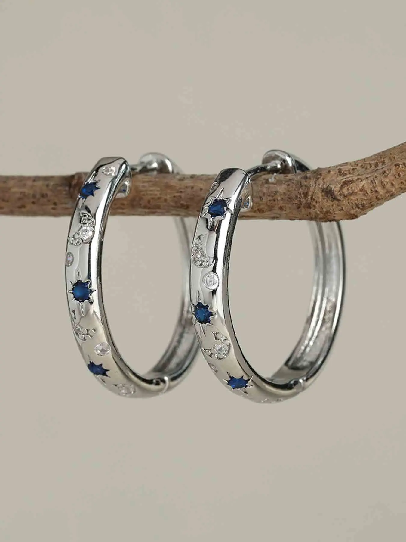Elegant Blue Zircon Star Moon Design Round Zirconia Hoop Earrings, Simple Daily Wear Women's Fashion Jewelry, Versatile and Stylish Earings, Ear Hoops