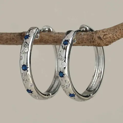 Elegant Blue Zircon Star Moon Design Round Zirconia Hoop Earrings, Simple Daily Wear Women's Fashion Jewelry, Versatile and Stylish Earings With Zirconia