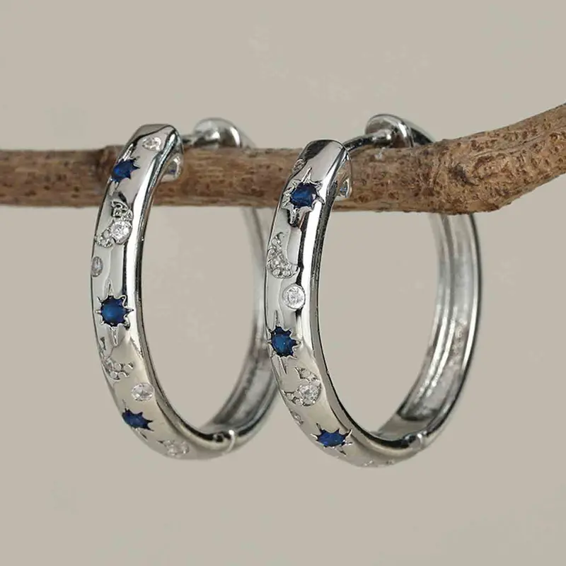 Elegant Blue Zircon Star Moon Design Round Zirconia Hoop Earrings, Simple Daily Wear Women's Fashion Jewelry, Versatile and Stylish Earings With Zirconia