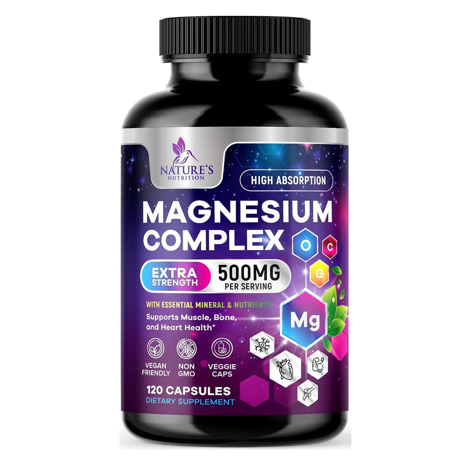 Magnesium Complex Supplement - Magnesium 500 mg Per Serving - 4 in 1 High Absorption Blend - 100% Chelated Magnesium Glycinate with Malate, Citrate & Oxide - Vegan Complex - USA Bottled - 120 Capsules