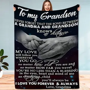 Personalized Letter Fleece Blanket for Grandson - Cozy Cabin Style Knitted Polyester Flannel Blanket with Inspirational Message - All Seasons Gift Blanket