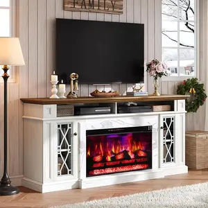 【Ships in 2 Boxes】AMERLIFE 70" Farmhouse Heavy Fireplace TV Stand with 33" Electric Fireplace, for 80" TVs up, Media Entertainment Center with Diamond Door, TV Console Storage Cabinet for Living Room