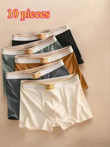 Men's Mixed Color Letter Print Briefs Set of 10, 95% Polyester 5% Spandex, Stretch Knit Fabric, Breathable Comfort, Soft Casual Underwear, Gym Shorts, Boxer Shorts