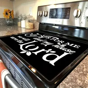 1pc 2D Flat Inspirational Bible Verse Stove Protector Mat - Non-Slip Heat-Resistant Scratchproof Cover with "As for Me and My House, We Will Serve the Lord" Design, Black & White Faith-Based Kitchen Decor for Stovetop, Oven, Washer