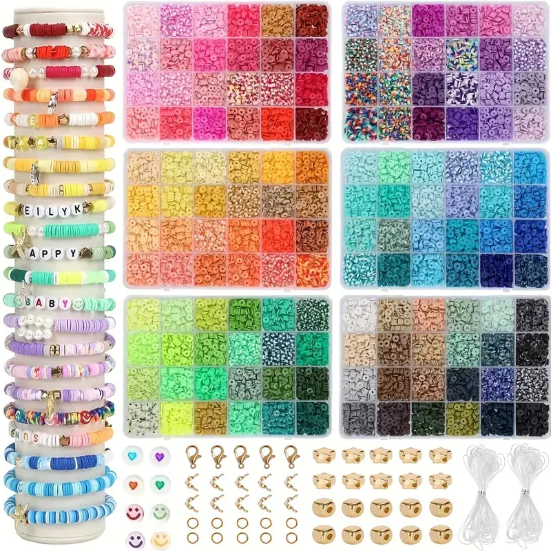 6000+PCS Bead Beading Kit - 24-Color Flat Preppy Polymer Heishi Beads with Charms, DIY Craft Kit for Friendship Jewelry, Gifts for Teen Girls & Kids Ages 4-12, Bead Beading Kits