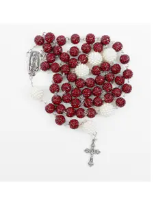red bead rosary necklace, vibrant multicolor rosary, cross pendant necklace, new year gift idea, holiday gift for her, party favor accessory, catholic gift, elegant catholic jewelry, trendy rosary necklace, colorful prayer beads, spiritual gift for women
