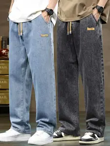 2026 Men's Drawstring Elastic Waist Straight Leg Jeans Set, Casual All Season Wear, Fitted Plain Design, Natural Waist Style