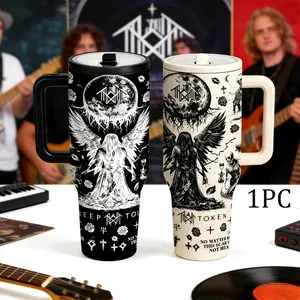 40oz Dark Angel Rock Style Tumbler, Black and White Gothic Art Design, Large Capacity Insulated Mug with Handle and Straw, Bold Heavy Metal Aesthetic Cup for Rock Music Lovers, Stainless Steel Vacuum Insulated Flask
