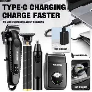 Weeme Professional 4-In-1 Men's Grooming Kit, Hair Clipper, T-Shaped Trimmer, Electric Shaver & Nose Hair Trimmer, Usb Rechargeable Cordless Design, Complete Home Haircut Kit, Stylish Design, Trimmers Set