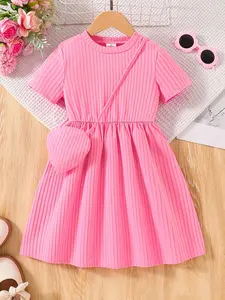 Girl's Solid Color Ribbed Dress with Bag, Casual Fashion Short Sleeve A Line Dress for Daily Outdoor Wear, Girls Dress for Summer